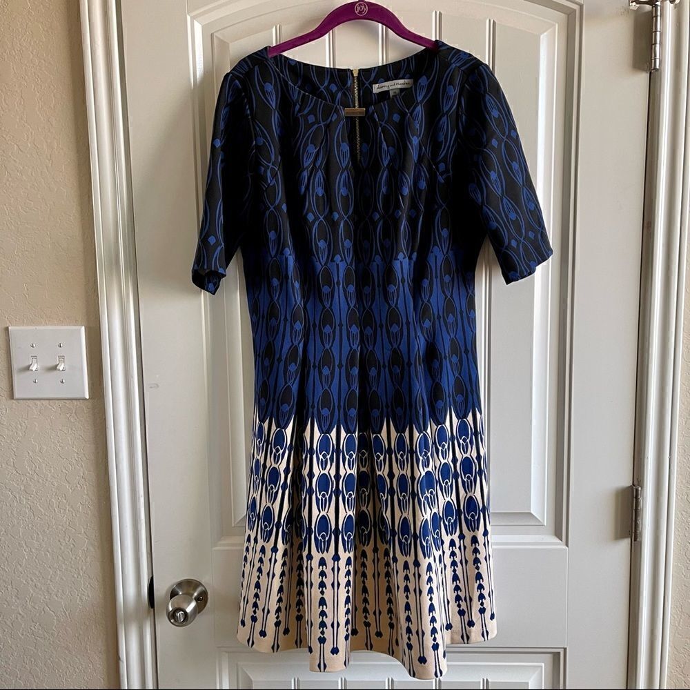 Danny & Nicole Blue Black Geometric Fit & Flare Midi Dress Size 10